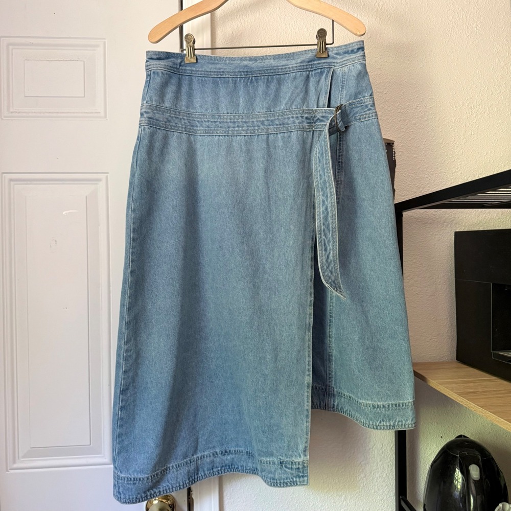 MORRISON blue cotton denim jean belted wrap style midi skirt